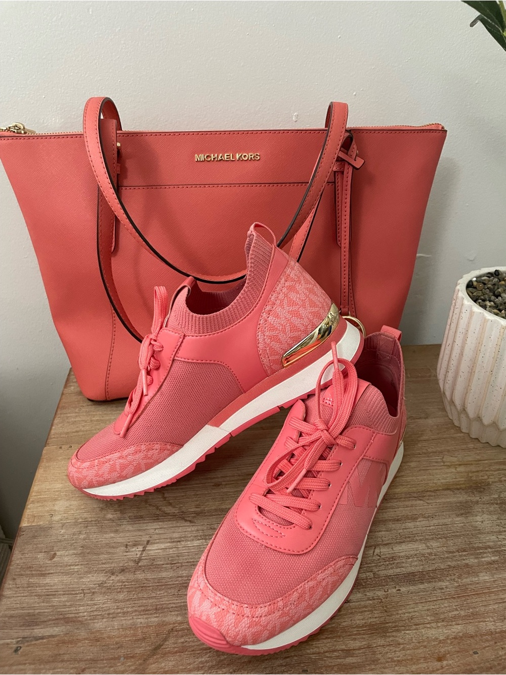 Michael Kors Coral Knit Lace-Up Sneakers with Gold Accent